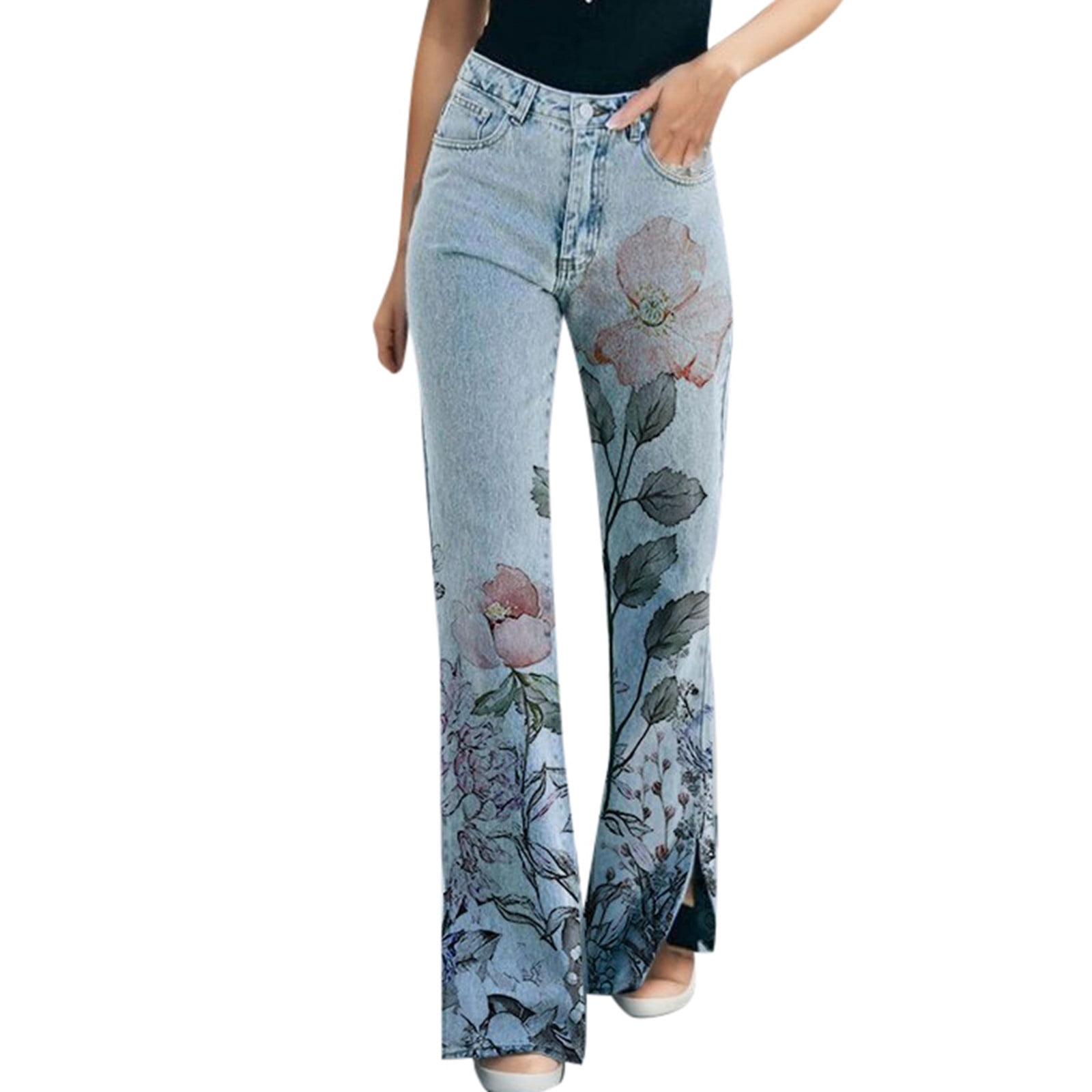 Denim Floral Print Pocket Wide Leg Jeans main image 1