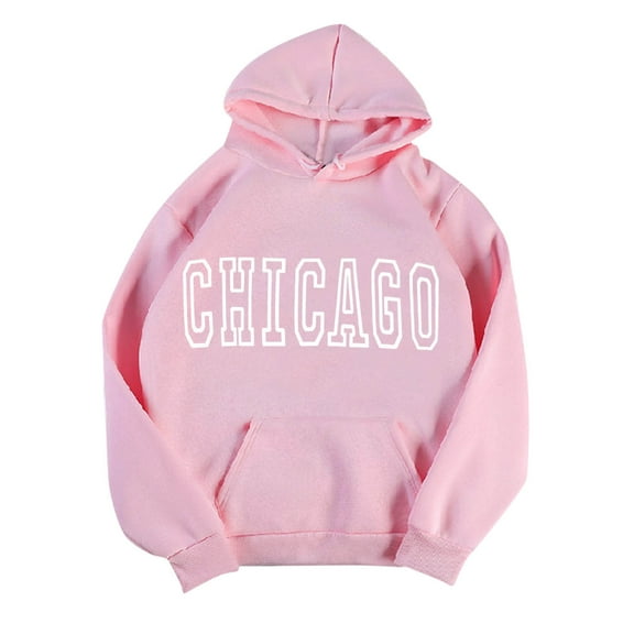 TAIAOJING Women Hoodies Chicago Letter Printed Casual Long Sleeve Hooded Sweatshirt