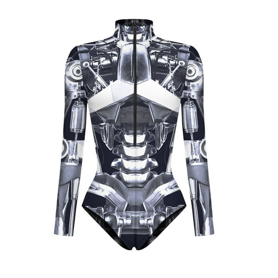 TAIAOJING Women Long Sleeve Graphic Printed Zipper Skin Tight Garment Party Romper Bodysuit Onesie