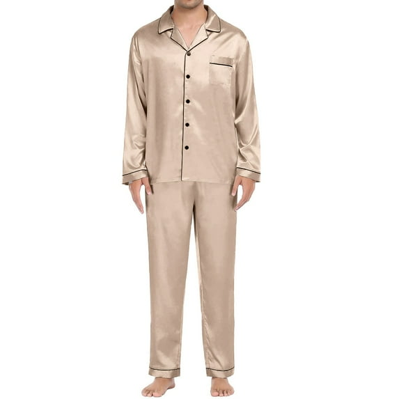 TAIAOJING Women Men Button Down Long Sleeve Pajamas Set Casual Pyjamas Long Sleeve Blouse Button Silk Satin Two Piece Sleepwear Suit Pant Pyjama