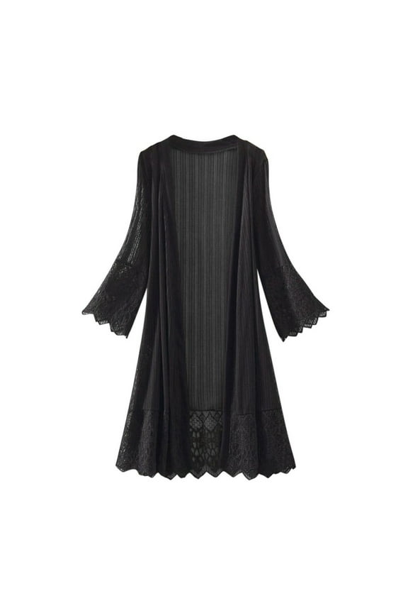 Women Mesh Open Front Long Shirt Casual Long Sleeve Lace Splice Top Blouse Flare Sleeve Smock Cardigan