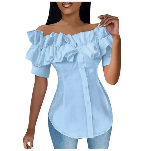 TAIAOJING Women Off Shoulder Layered Ruffles Button Down Asymmetrical Hem Tops Ruffle Trim Off Shoulder Short Sleeve Blouse Party Tops Shirt