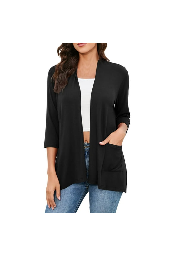 Women Open Front Cardigan Sweaters Casual Lightweight With Pockets 3 4 Sleeve Front Open Dust Duster Outwear Coat