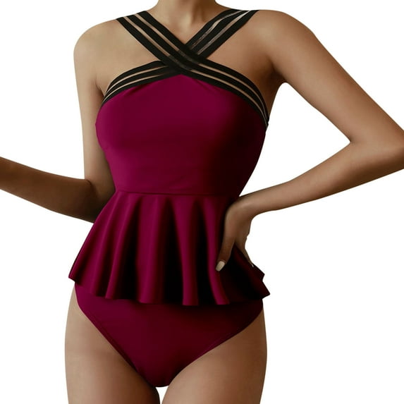 TAIAOJING Women Ruffle Tankini Swimsuit Two Piece Split Beach Bikini Sexy Solid Off Shoulder Strap Swimsuit