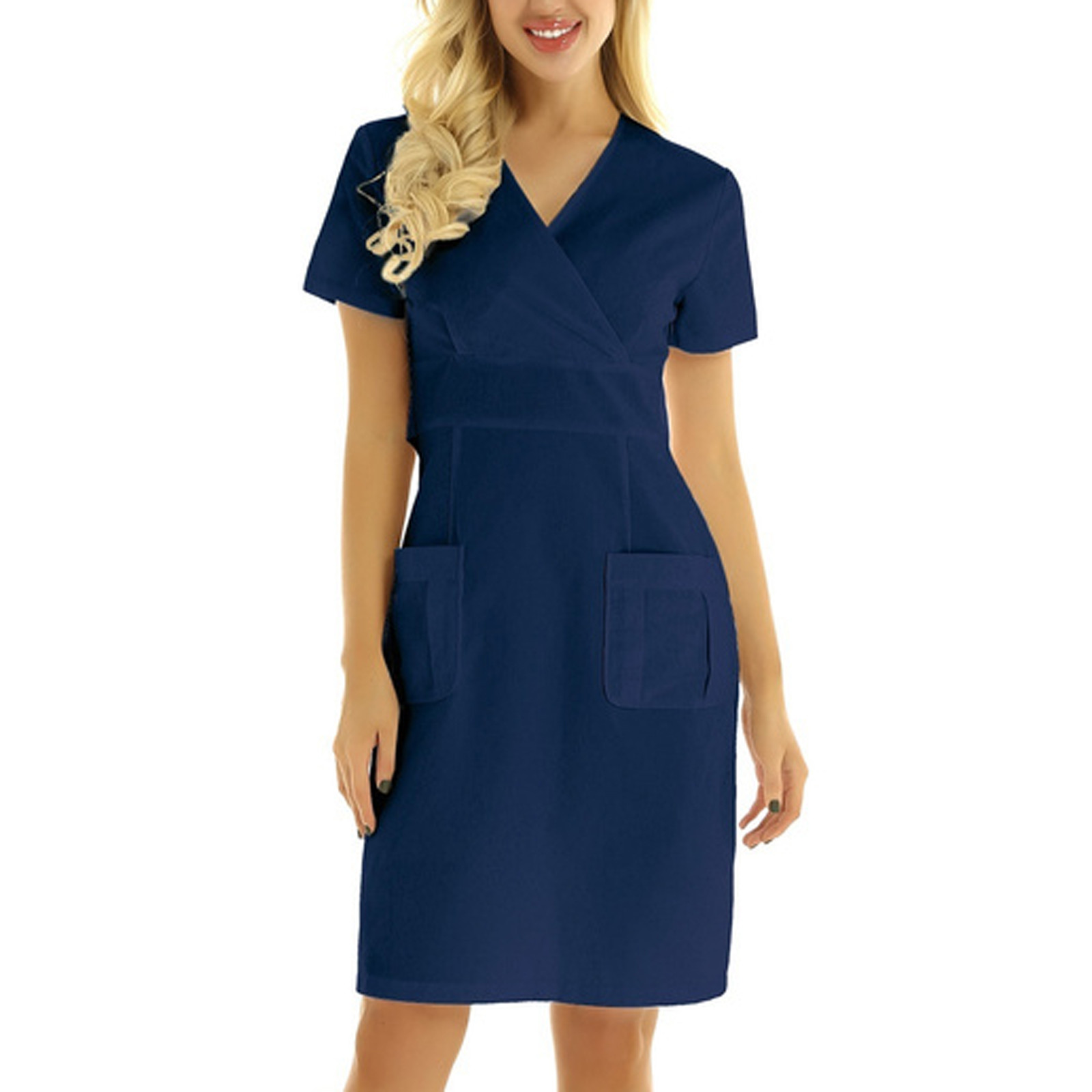 TAIAOJING Women Scrubs Dress Workwear Casual Short Sleeve V-neck Solid Working Uniform Solid Dresses With Pocket