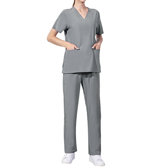 TAIAOJING Women Scrubs Sets Casual Short Sleeve V Neck Nursed Working T Shirts Top With Pocket And Long Pants Solid Color Set Outfit