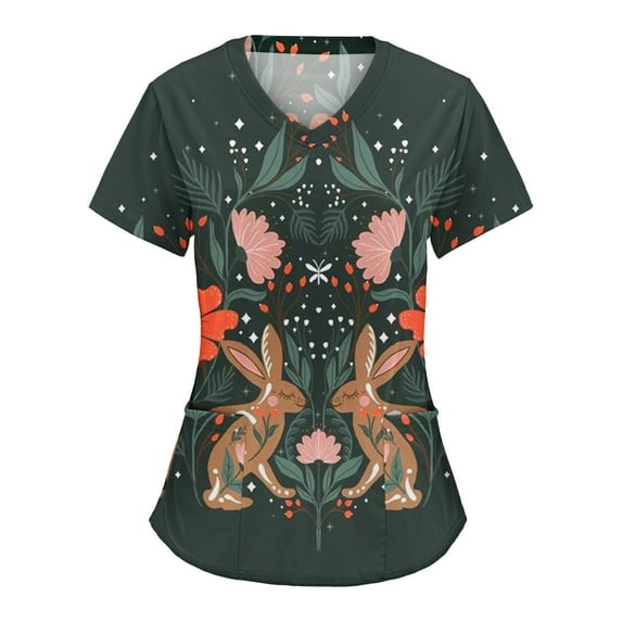 TAIAOJING Women Scrubs Tops Comfotable Easter Day Printed Short Sleeve V Neck Holiday Fun Patterned Working Tshirts Blouse Tops With Pockets