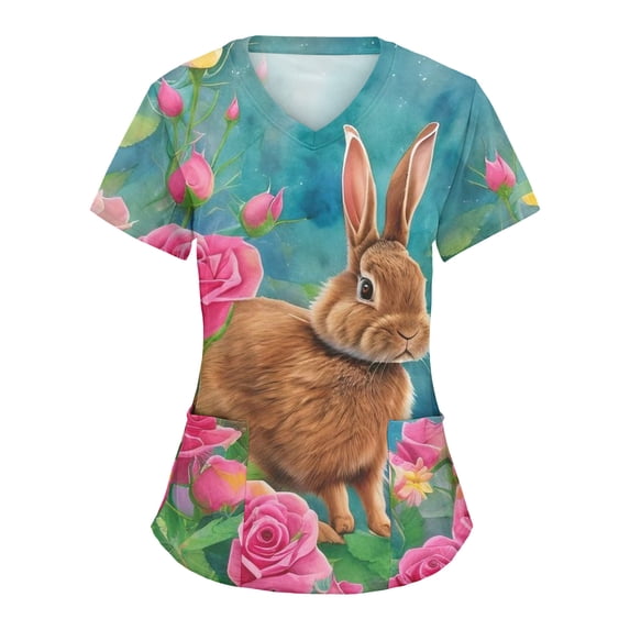TAIAOJING Women Scrubs Tops Comfotable Easter Day Printed Short Sleeve V Neck Holiday Fun Patterned Working Tshirts Blouse Tops With Pockets