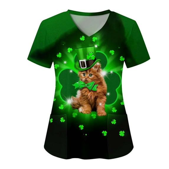 TAIAOJING Women Scrubs Tops Fashion Casual Four Leaf Print Short Sleeve Pocket Loose Wear T Shirt