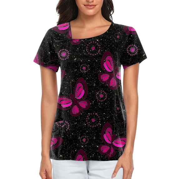 TAIAOJING Women Scrubs Tops Fashionable Comfortable Short Sleeve Butterfly Print Shirt Tee Tops With Pockets