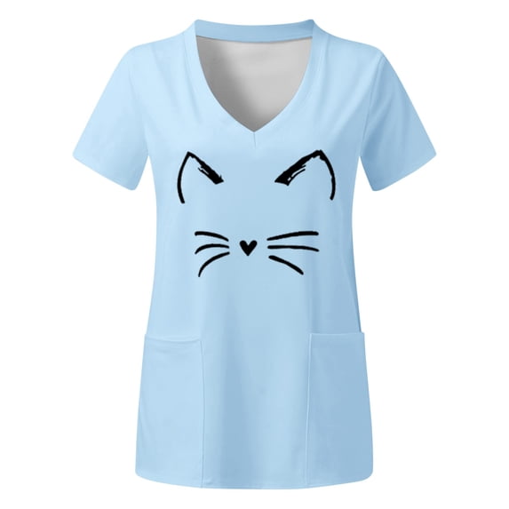 TAIAOJING Women Scrubs Tops Plus Size Top V Neck Short Sleeved Pockets Prints T Shirt