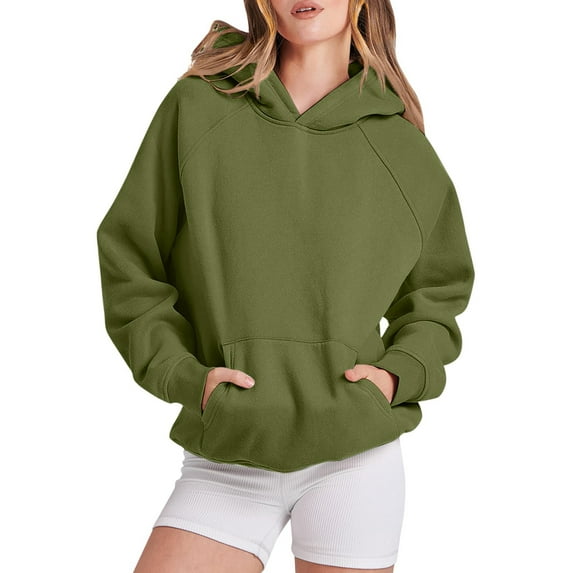 TAIAOJING Women Solid Basic Letter Loose Hoodie Sweatshirt Long Sleeve Pocket Drop Shoulder Pullovers Top