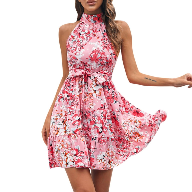 TAIAOJING Women Summer Casual Dress Floral Casual Sleeveless Halter Open  Back Pleated Cropped Boho Tank Top Belt Dresses