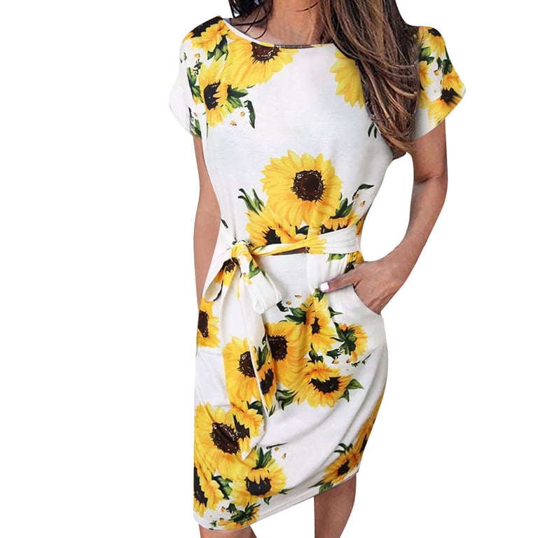 Taiaojing Women Summer Floral Print Dress Vintage Short Sleeve Tie Front O-Neck Mini Casual Slim Design Dress