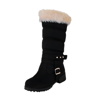 TAIAOJING Women's Boots Snow Suede Boots Fashion Belt Heel Buckle Boots Warm Mid- Thick boots Casual Shoes