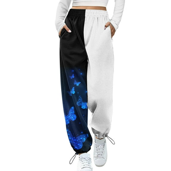 TAIAOJING Women's Cargo Joggers Color Block Butterfly Print Bottom Fit Jogger Sporty Waist Print High Sweatpants Pockets Trousers Pants Pants