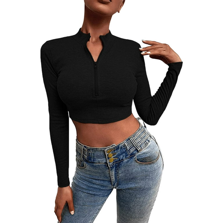Shape Black Ribbed Long Sleeve Ruched Front Crop Top