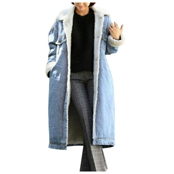 TAIAOJING Women's Coat Winter Jean Coat Thicken Warm Long Denim Coat Punk Button Coat With Pockets