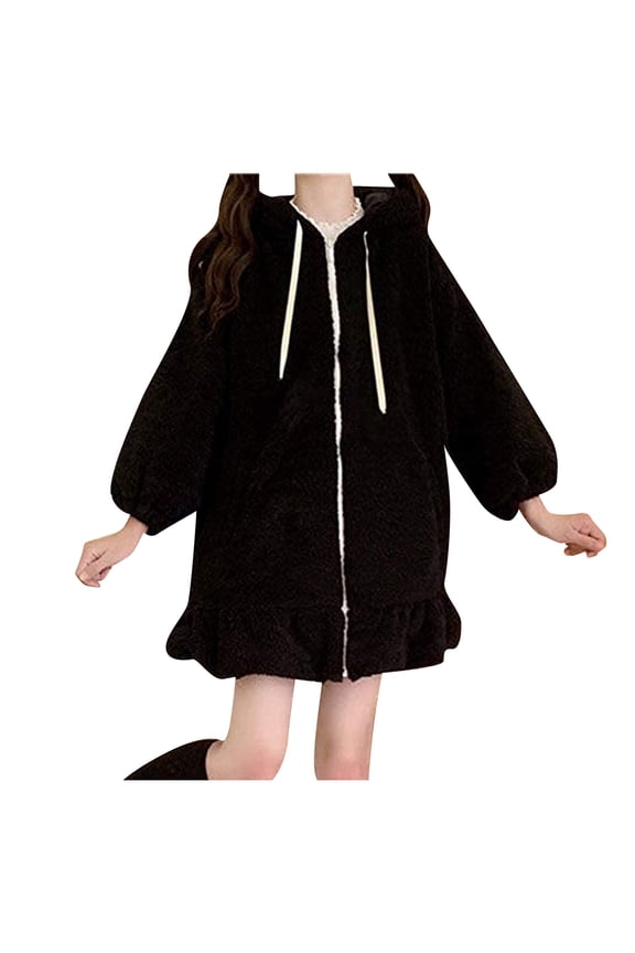 Women's Fashion Coat Casual Solid Color Loose Bunny Hoodie With Hood