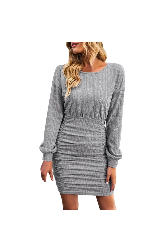 Women's Floral Print Dress Ladies Round Neck Long Sleeve Elegant Solid Color Knitted Waist Casual Short Fall Clothes Dresses Vestido De Mujer