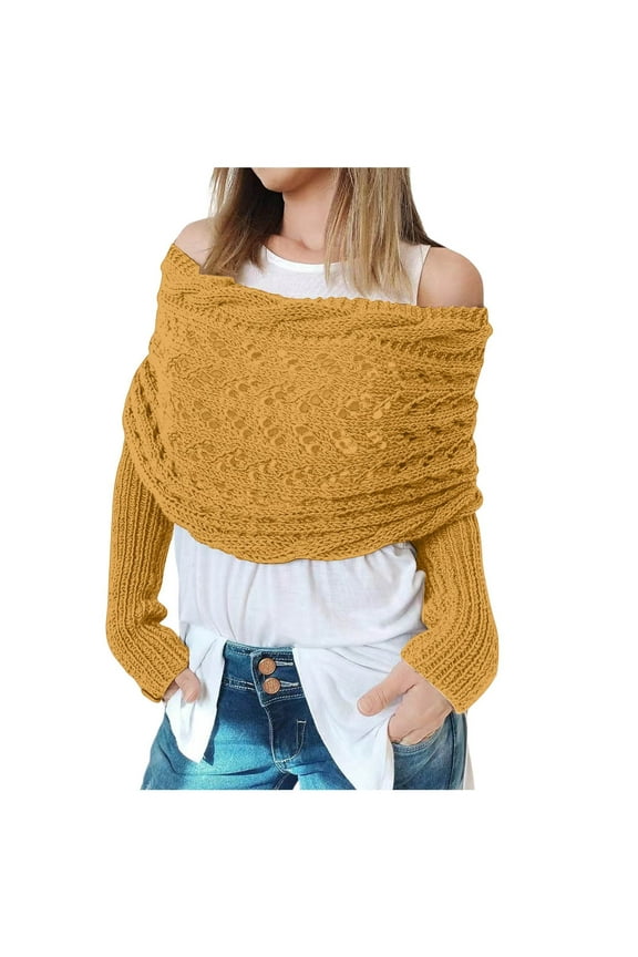 Women's Knitted Cable Wrap Scarf Shrugs Fashion Casual Autumn Winter Outdoor Solid Color Wool Hollow Shawl Scarf With Sleeves