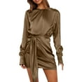 thumbnail image 1 of TAIAOJING Women's Long Sleeve Bodycon Dress Elegant Satin Long Sleeve Self Tie Front Crew Neck High Elastic Waist Dressy Ruffle A Line Mini Dresses, 1 of 5