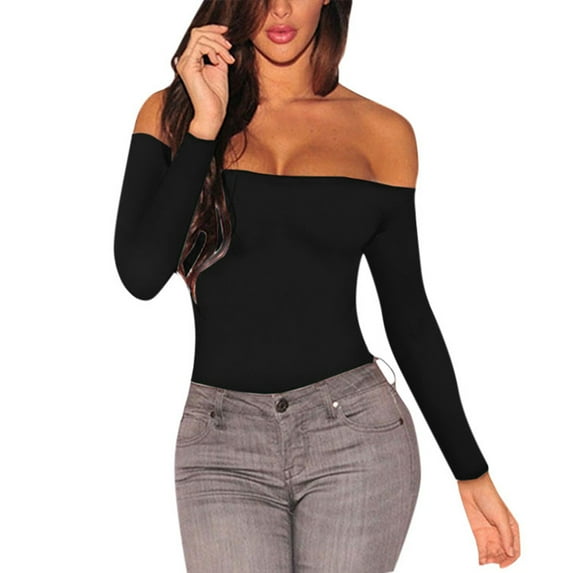 TAIAOJING Women's Long Sleeve Bodysuit Women Seamless Off Shoulder Bodysuit Long Sleeve Tops T Shirt Jumpsuit Collection Yoga Rompers