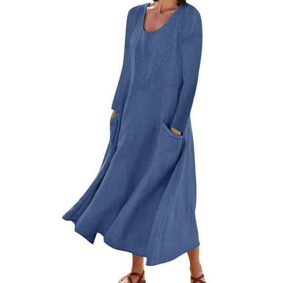 TAIAOJING Women's Long Sleeve Dresses For 2022 Fashion Casual Solid Cotton Linen With Pocket Loose Maxi Fall Clothes Dress Vestido De Mujer