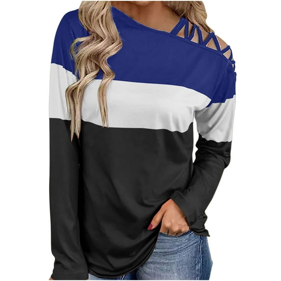 TAIAOJING Women's Long Sleeve T Shirt Fashion Drop Shoulder Top Colorblock Top Casual Blouses T Shirts