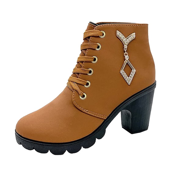 TAIAOJING Women's Lug Combat Boots Shoes Thick High Heel Boots Leather Boots Thick Heel Boots Breathable Round Toe Short Boots
