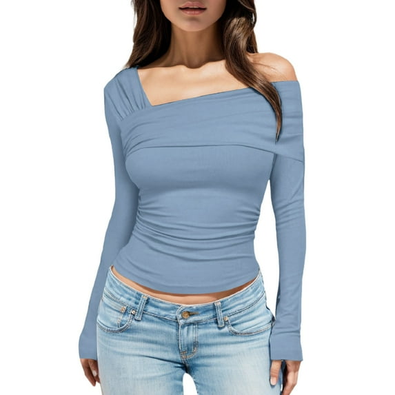 TAIAOJING Women's One Shoulder Long Sleeve Top Pleated Going Out Top Slim Fit Shirt Cropped Top