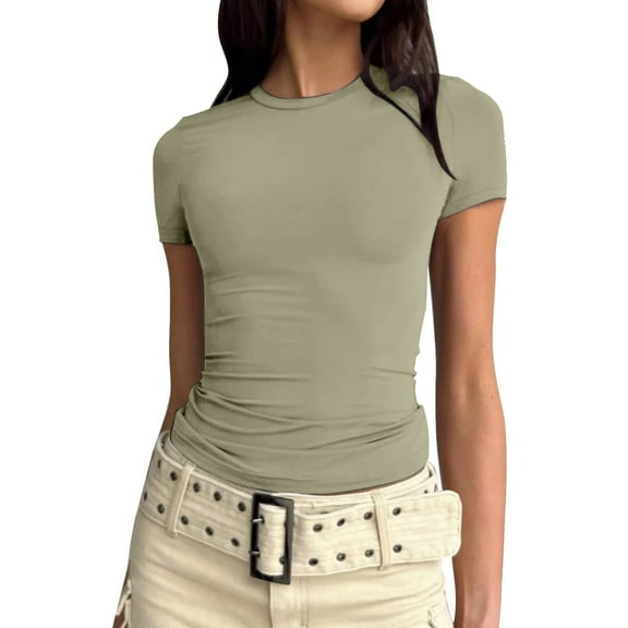 TAIAOJING Women's Soild Trendy Slim Short Sleeve Basic Sexy Slim Bottom T Shirt Top