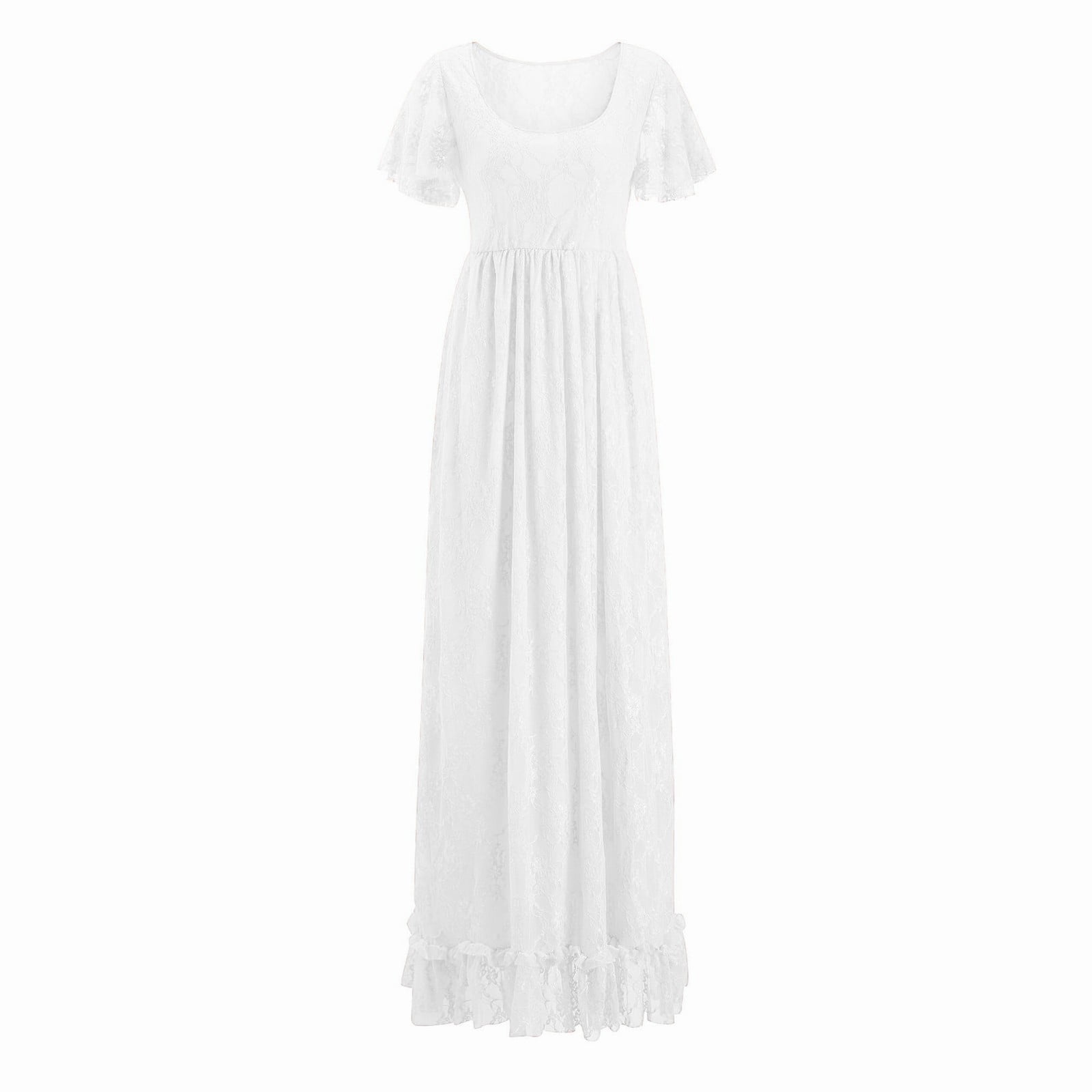 white lace nursing dress Momyknows White Lace Corset Square Neck Flare Sleeve Plus Size Maternity Photoshoot Maxi Dress, White / XXXL