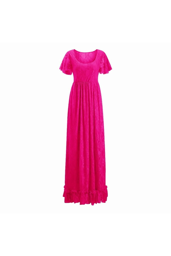 Women's Summer Maternity Nursing Breastfeeding Dress Lace Ruffles Short Sleeved Long Photography Flying Sleeve Dresses
