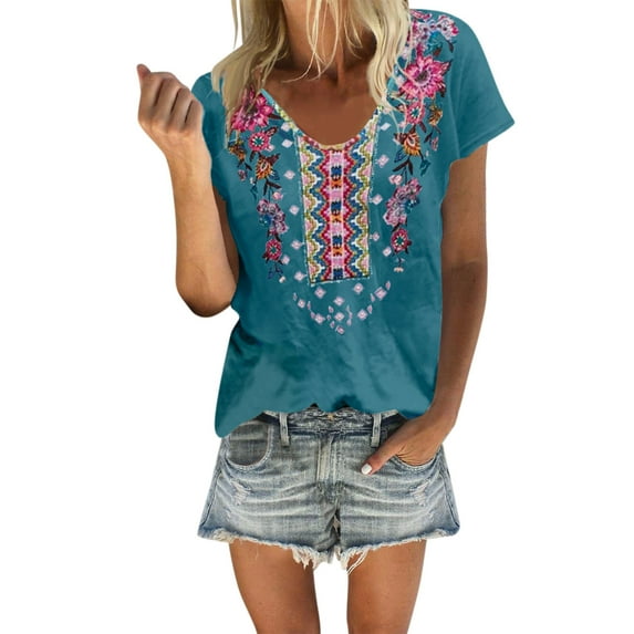 TAIAOJING Women's Tops Summer Casual Printed V Neck T Shirt Loose Short Sleeve Slim Fit Shirts