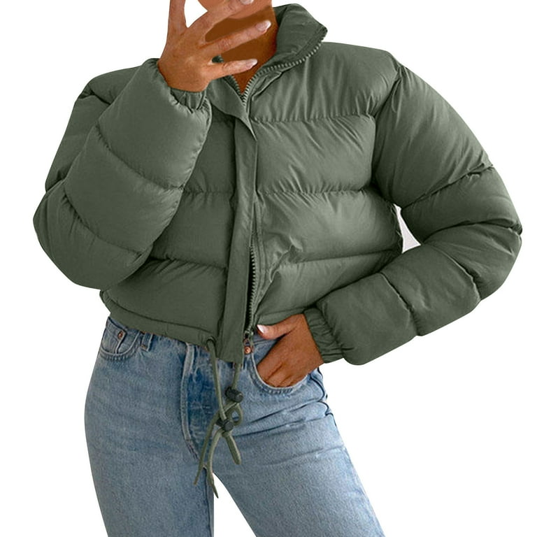 TAIAOJING Women s Winter Cropped Puffer Jacket Autumn Long Sleeved Zipper Drawstring Waist Stand Up Collar Solid Color Bread Coat Cotton Coat