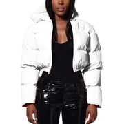 TAIAOJING Women's Winter Cropped Puffer Jacket Ladies Autumn Warm Short Shiny Padded Hooded Leather Oversized Zip-Up Quilted Puffy Short Down Coat