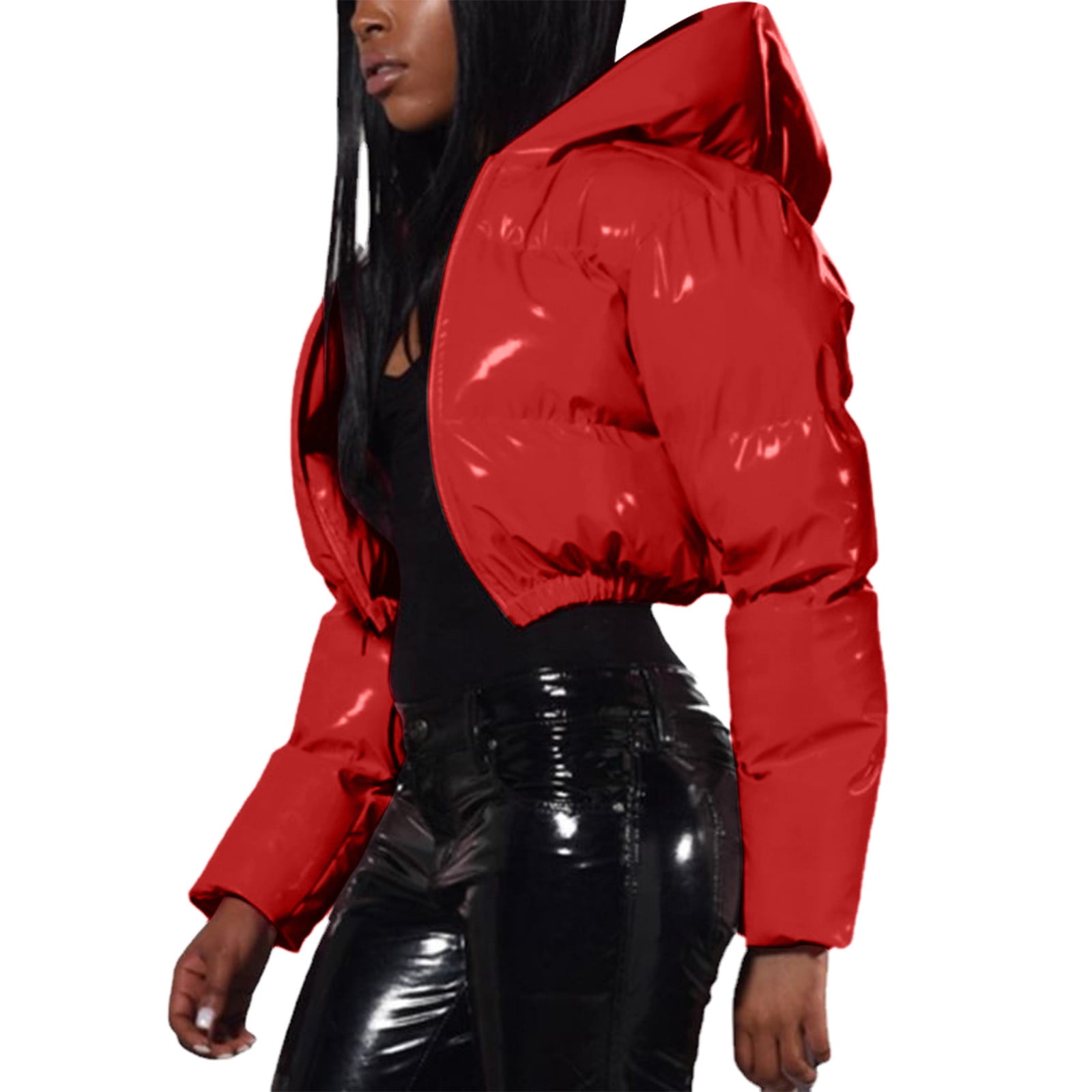 TAIAOJING Women's Winter Cropped Puffer Jacket Ladies Autumn Warm Short Shiny Padded Hooded Leather Oversized Zip-Up Quilted Puffy Short Down Coat TAIAOJING Women's Winter Cropped Puffer Jacket Ladies Autumn Warm Short Shiny Padded Hooded Leather Oversized Zip-Up Quilted Puffy Short Down Coat
