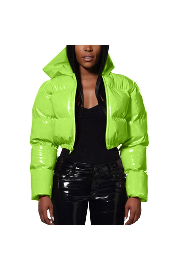 Women's Winter Cropped Puffer Jacket Ladies Autumn Warm Short Shiny Padded Hooded Leather Oversized Zip-Up Quilted Puffy Short Down Coat