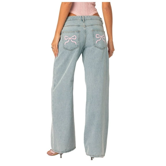 TAIAOJING Womens Baggy Mid Waist Jeans Bow Pocket Relaxed Jeans