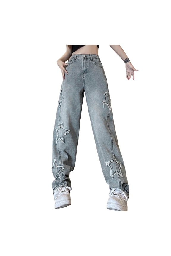 Womens Baggy Mid Waist Jeans New Star Jeans High Waist Thin Trend All Loose Meat Straight Leg Wide Casual Pants