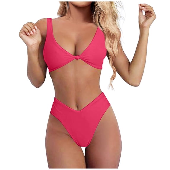 TAIAOJING Womens Bikini Set Two Piece Bikini Set For Solid V Neck Knot Front Push Up High Leg Thong Two Piece Swimsuit