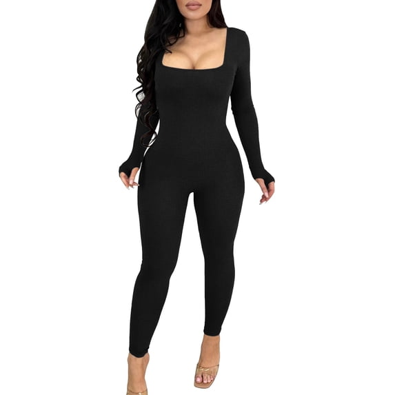 TAIAOJING Womens Bodycon Stretch Jumpsuit Women Workout Seamless Jumpsuit Yoga Ribbed 1 Piece Long Sleeve Leggings Romper Yoga Rompers
