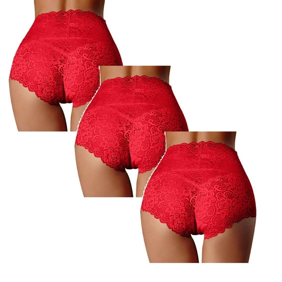 TAIAOJING Womens Briefs Sexy High Waist Underwear Thin Hollow Lace Ladies Panties Pure Cotton Crotch Large Size Belly Briefs, 3 Pack