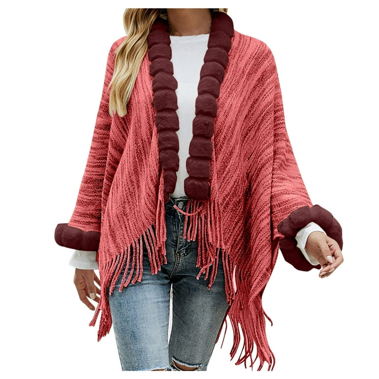 TAIAOJING Womens Color Block Sweaters Knit Shawl Wrap For Young Ladies Fringe Knitted Cardigan Cape Long Sleeve Pullover Sweater
