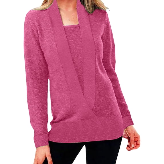 TAIAOJING Womens Fall Tops Knitted Solid Color Deep V Neck Two Piece Long Sleeve Sweater Blouse Pullover Shirts