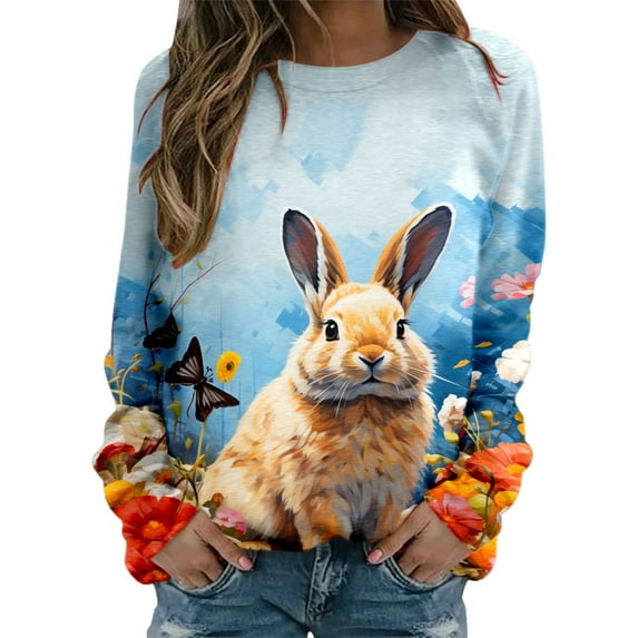 TAIAOJING Womens Fashion Easter Print O Neck Sweatshirt Round Neck Fit Pullover Tops Long Sleeve Workout Shirts Loose Blouse