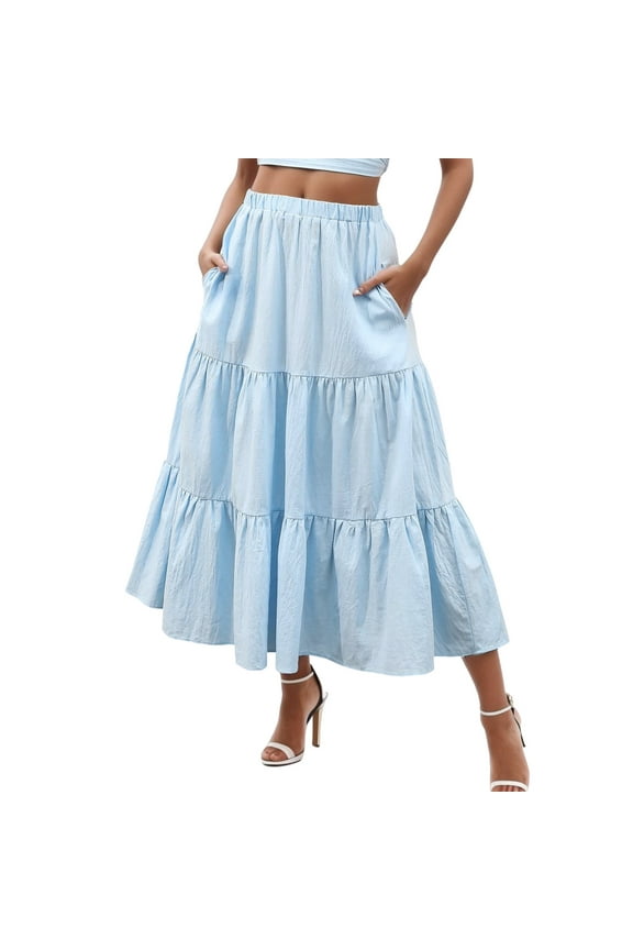 Womens High Waist Plaid Skirt Skirt Long Swing ’S Dress Boho Pleated Elastic Waist With Pockets Flowy Summer A Line Beach Tiered Skirt