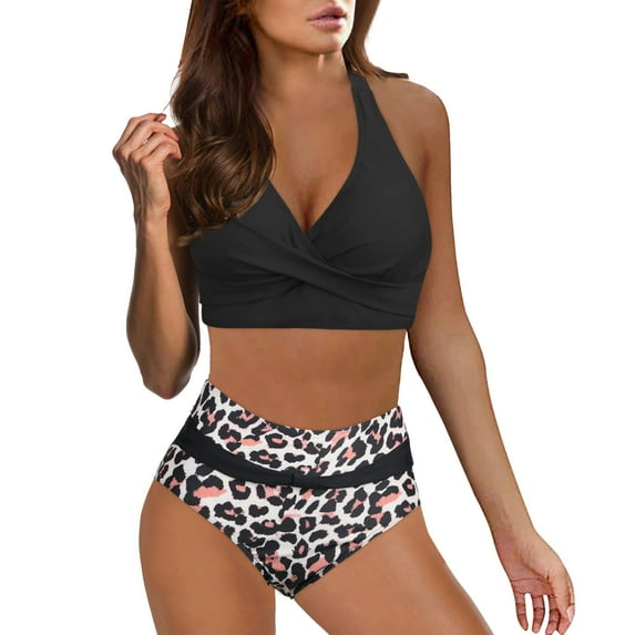 TAIAOJING Womens High Waisted Bikini Sets Color Block Tummy Control High Waisted Bikini Sexy Push Up Two Piece Swimsuits Vintage Swimsuit Retro Ruched Print Bikini Set