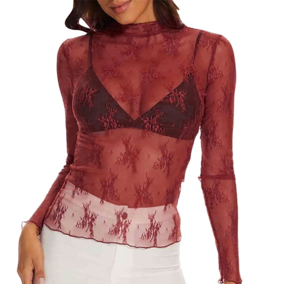 TAIAOJING Womens Lace Mesh Tops Summer Mesh Long Sleeve Layering Top For Neck Floral Embroidery Sheer See Through Tee Shirt Blouse